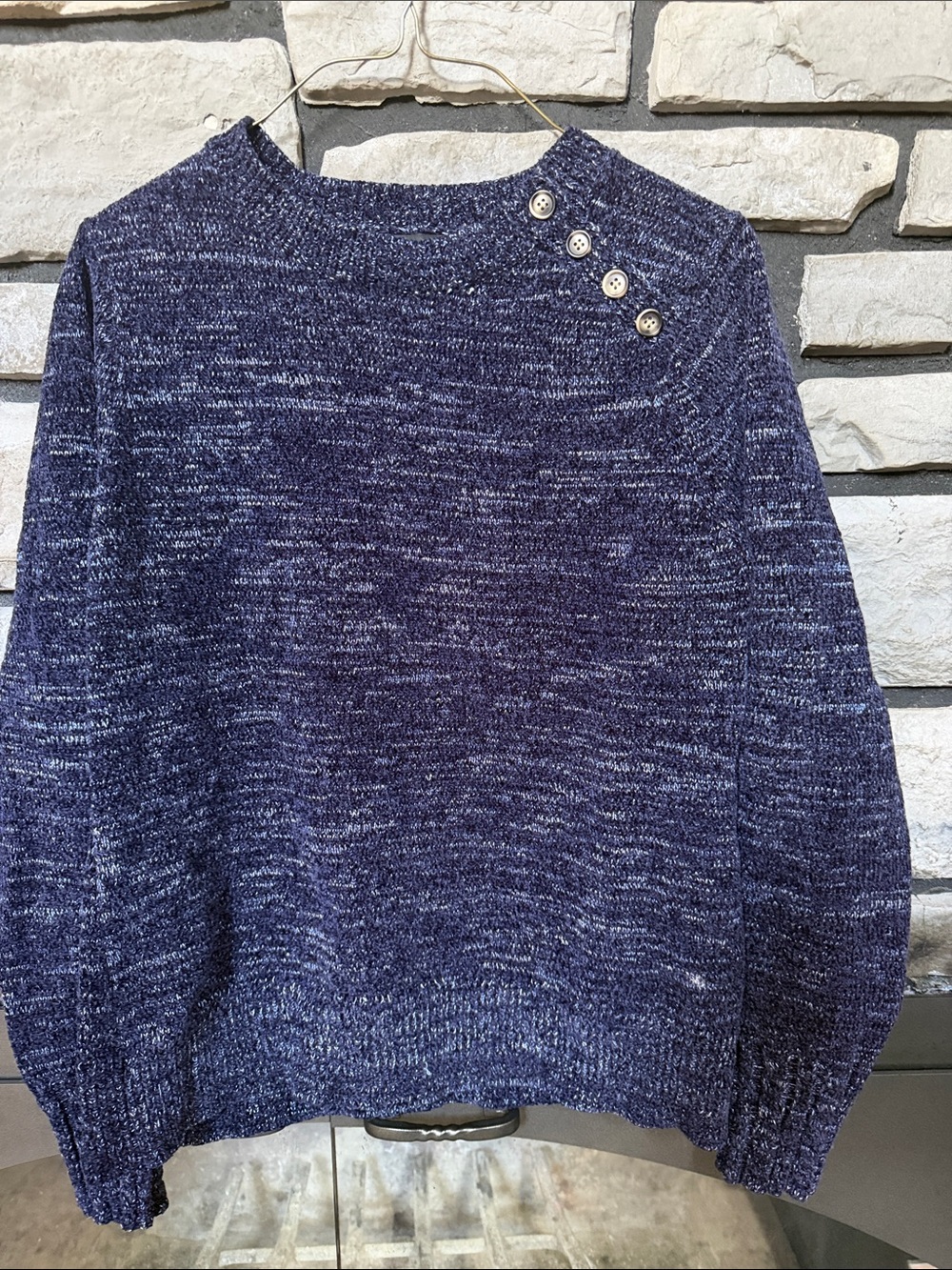 Women's Navy Marled Crewneck Sweater with Shoulder Buttons